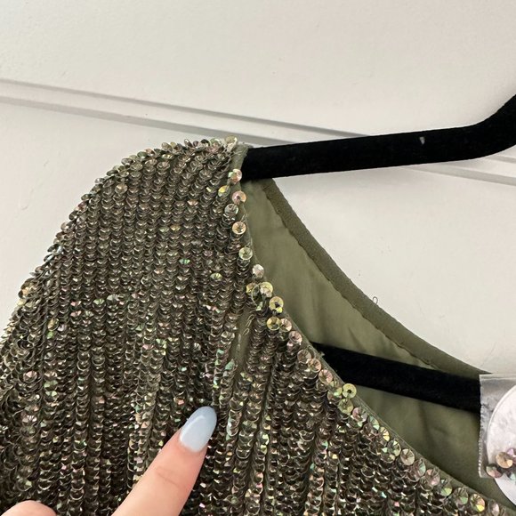 Retrofete Grace Mini Dress Small Army Green Sequins Self-tie Belt Back Keyhole - Picture 11 of 12